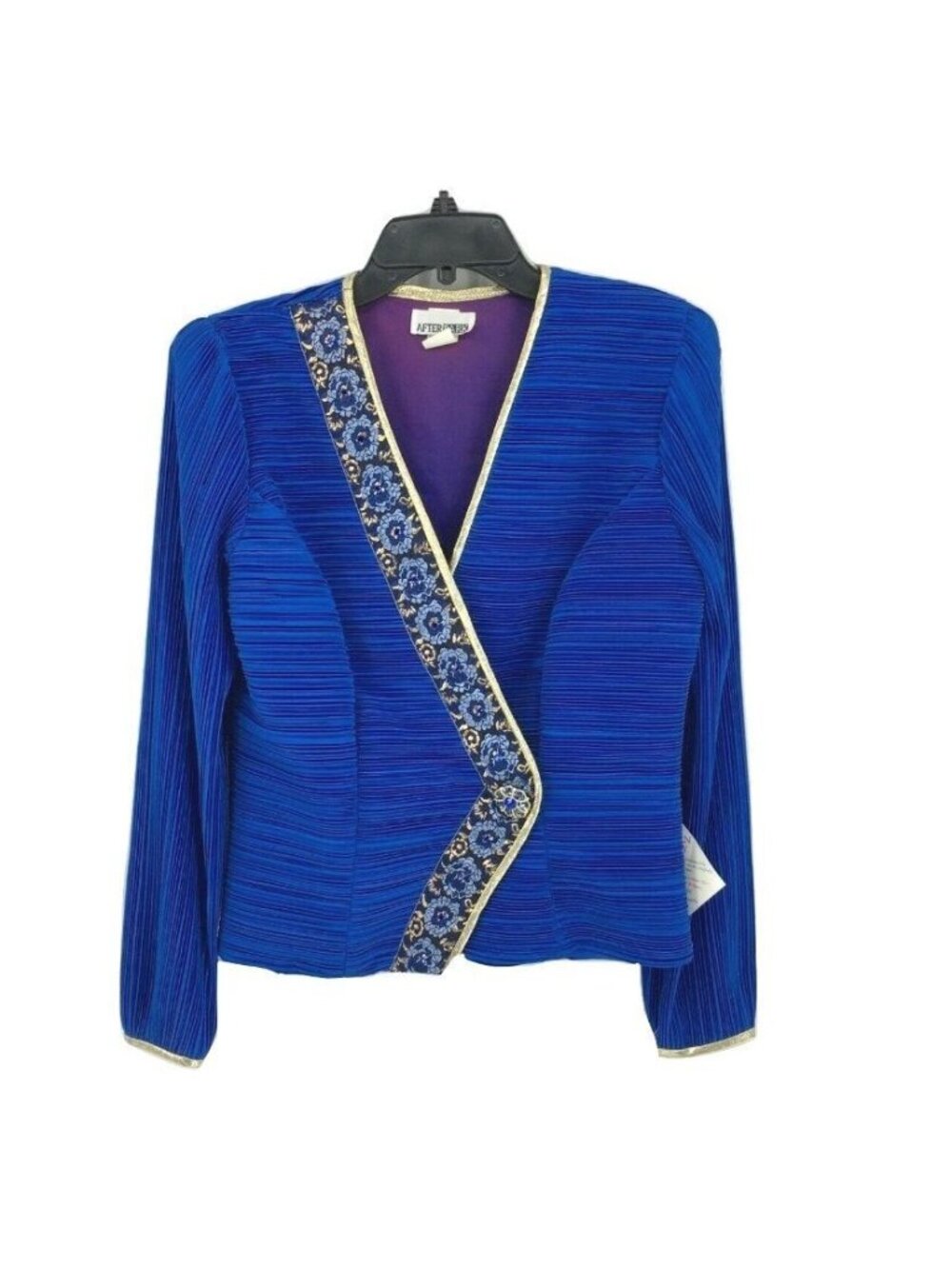 Vtg After Dark Royal Blue Evening Cocktail Jacket 10 Brocade Trim Faux Wrap NOS
